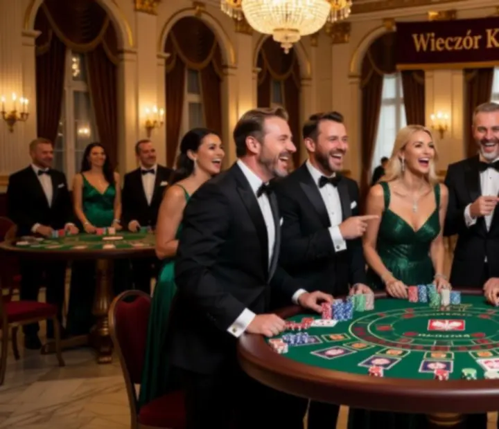 Goście bawiący się przy stołach kasynowych podczas eleganckiego wydarzenia