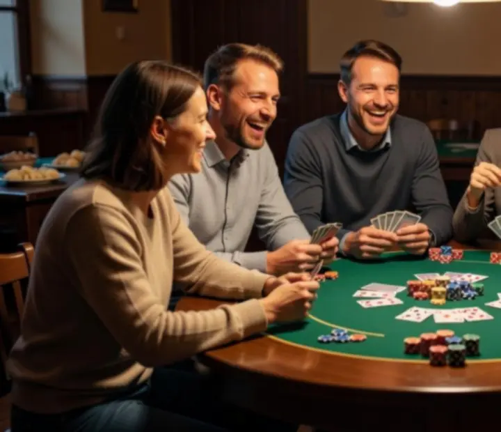 Grupa znajomych przy stole pokerowym w klimatycznym świetle